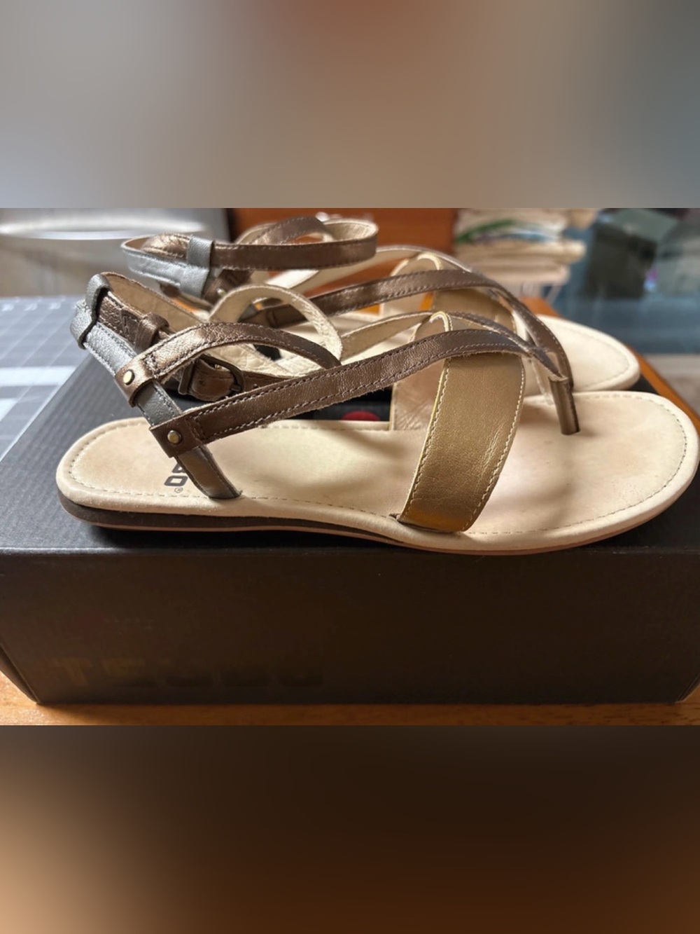 Tsubo Bronze and Gold Leather Strappy Sandals in box